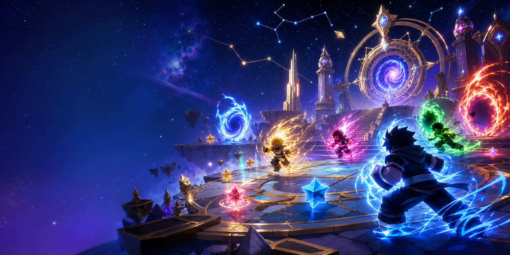Anime-style astral training arena with glowing portals and fighters